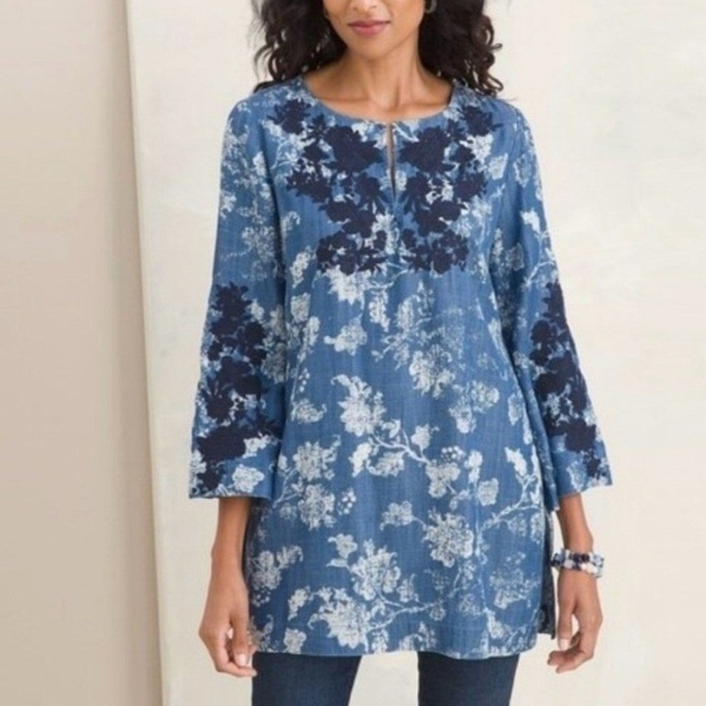 Chico's Size 2 Blue Tencel Chambray Floral Appliqued Popover Tunic Top 12 14
